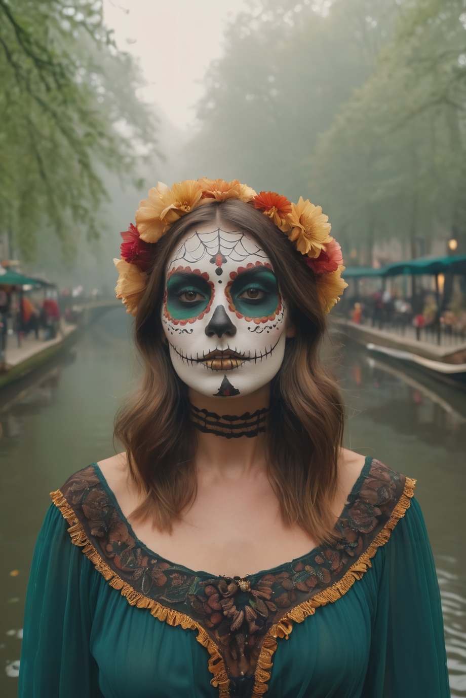 Brown hair female in Catrina Makeup face paint,  Foggy Canals in European Cities,  Steadicam Walking Through a Forest on T...