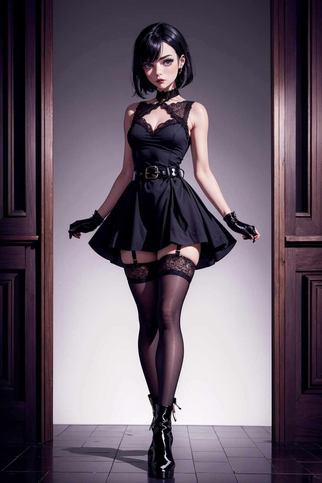 Wendy has straight jet black hair cut in a sleek short style,  similar to Mavis Dracula's pixie cut hair,  Thick bangs cas...