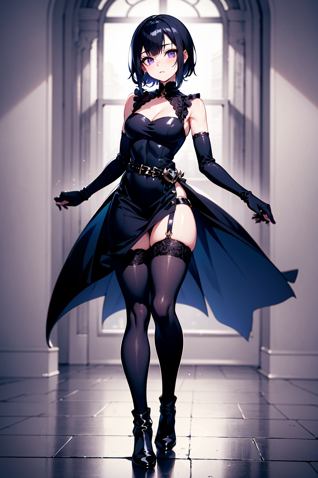 Wendy has straight jet black hair cut in a sleek short style,  similar to Mavis Dracula's pixie cut hair,  Thick bangs cas...