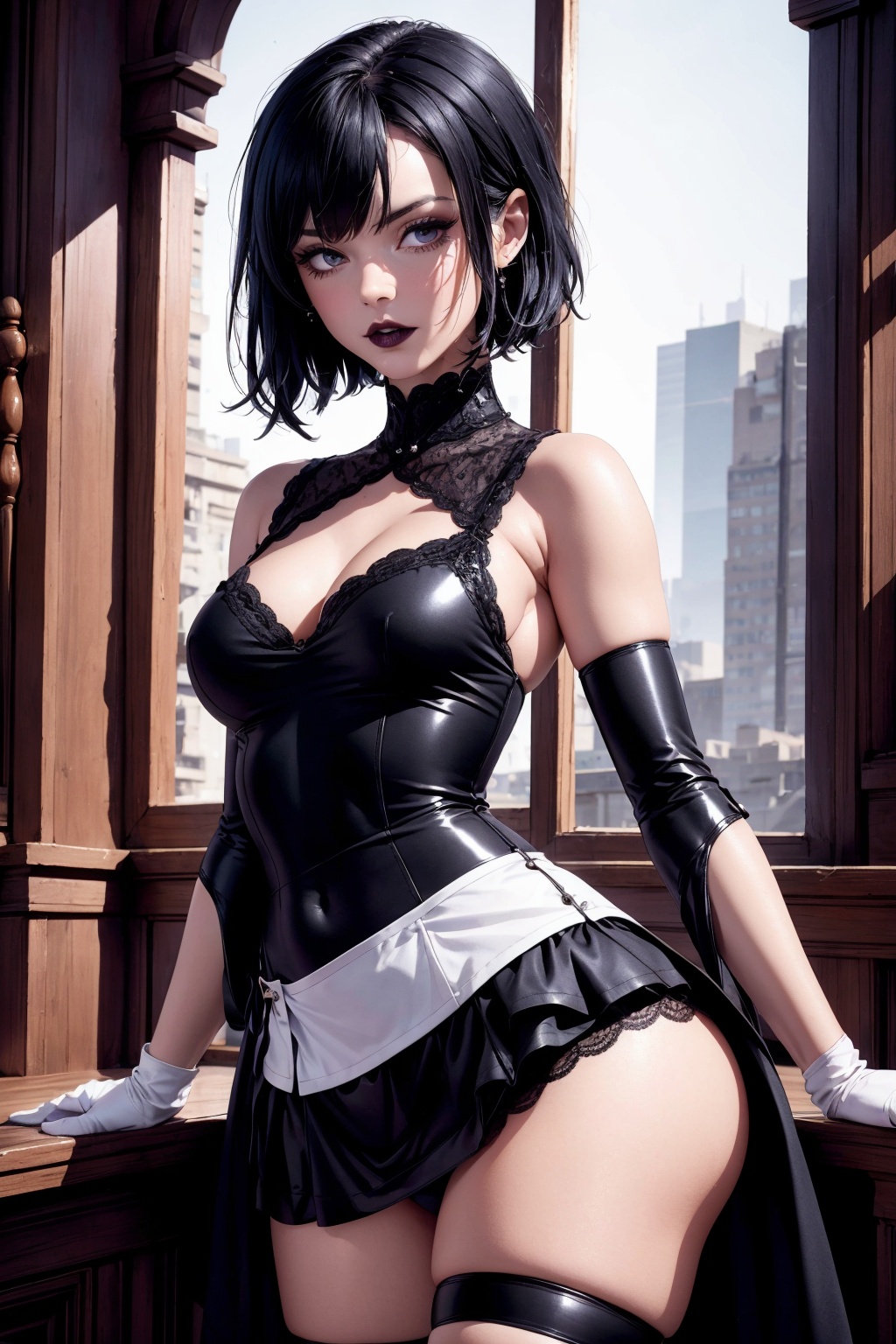 Wendy has straight jet black hair cut in a sleek short style,  similar to Mavis Dracula's pixie cut hair,  Thick bangs cas...