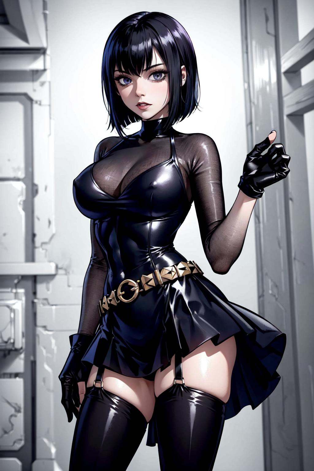 Wendy has straight jet black hair cut in a sleek short style,  similar to Mavis Dracula's pixie cut hair,  Thick bangs cas...
