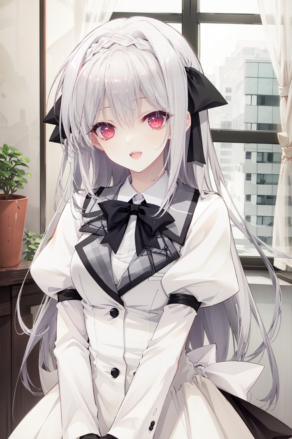 1girl, red eyes, solo, open mouth, long hair, braid, looking at viewer, bow, school uniform, window, ribbon, indoors, white hair, hair bow, fangs, hair ribbon