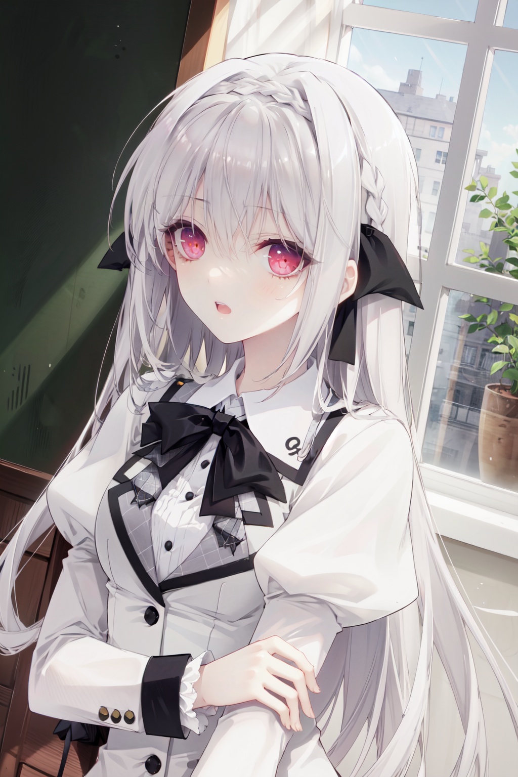 1girl, solo, long hair, red eyes, open mouth, ribbon, school uniform, braid, holding, hair ribbon, upper body, long sleeves, dutch angle, hair between eyes, black ribbon, bow, looking at viewer, shirt, bowtie, window, bangs, jacket, puffy sleeves, white shirt, indoors, juliet sleeves, buttons