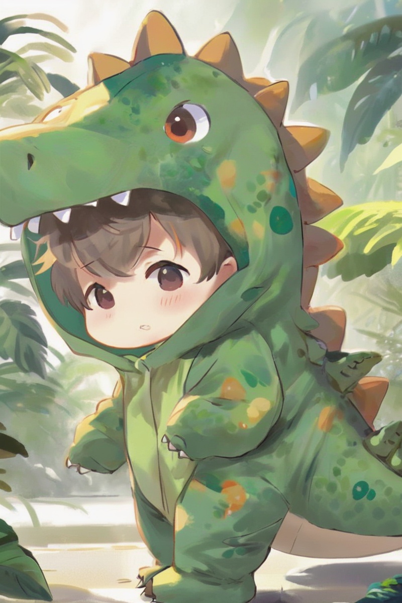 anime, dino, konglong, a 20 year old boy wear dinosaur costume, cute, solo, sunlight, <lora:EMS-16796-EMS:0.900000>