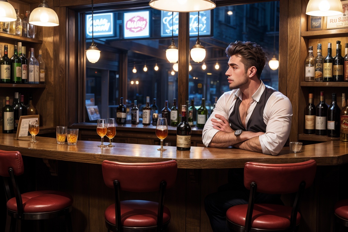 (Handsome men) ,  young liquor connoisseur,  pub bar cafe on Tensor.Art