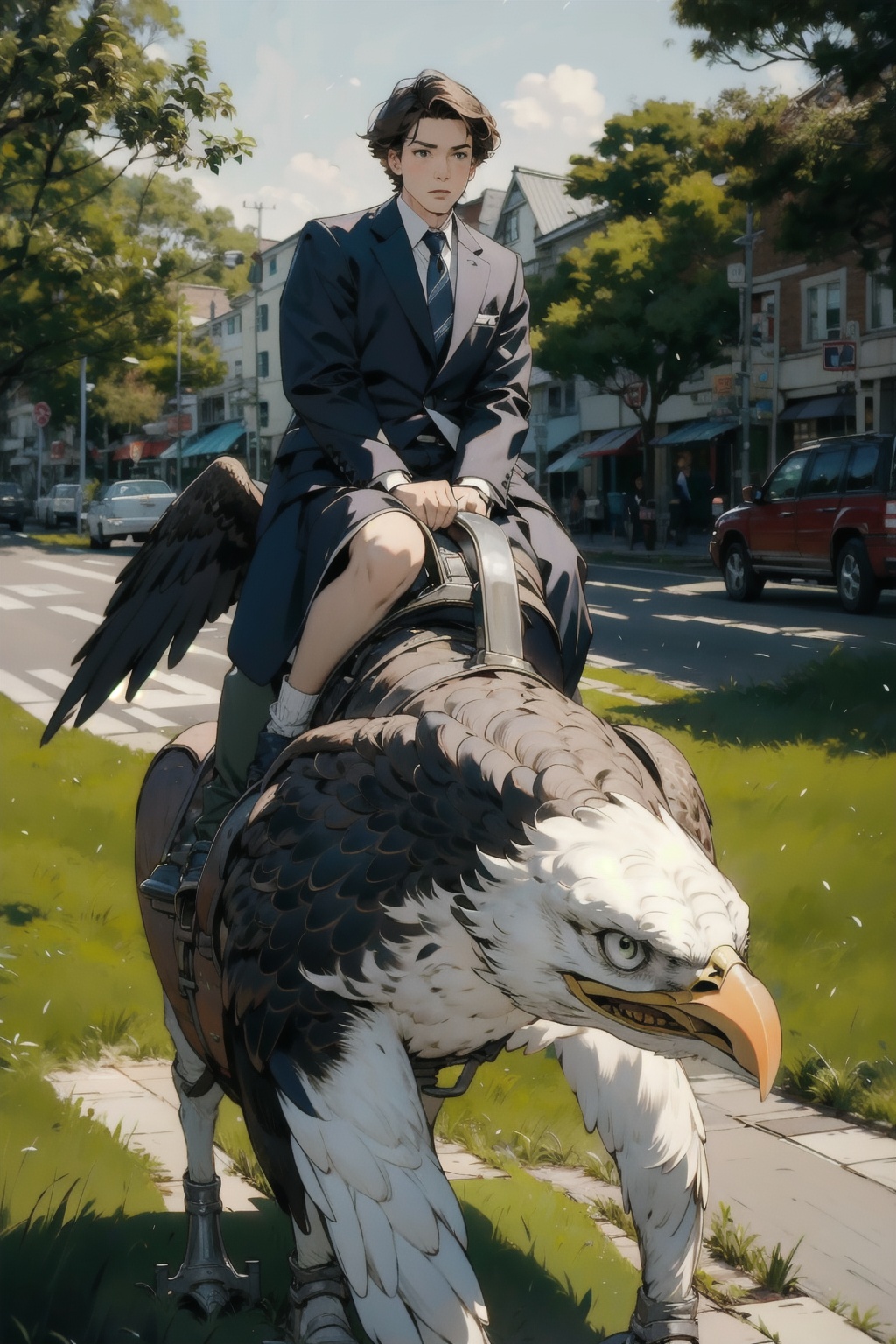  absurdres,incredibly absurdres,reality,realistic,,(solo:1.2),1boy,full_shot, astride,astride a eagle
