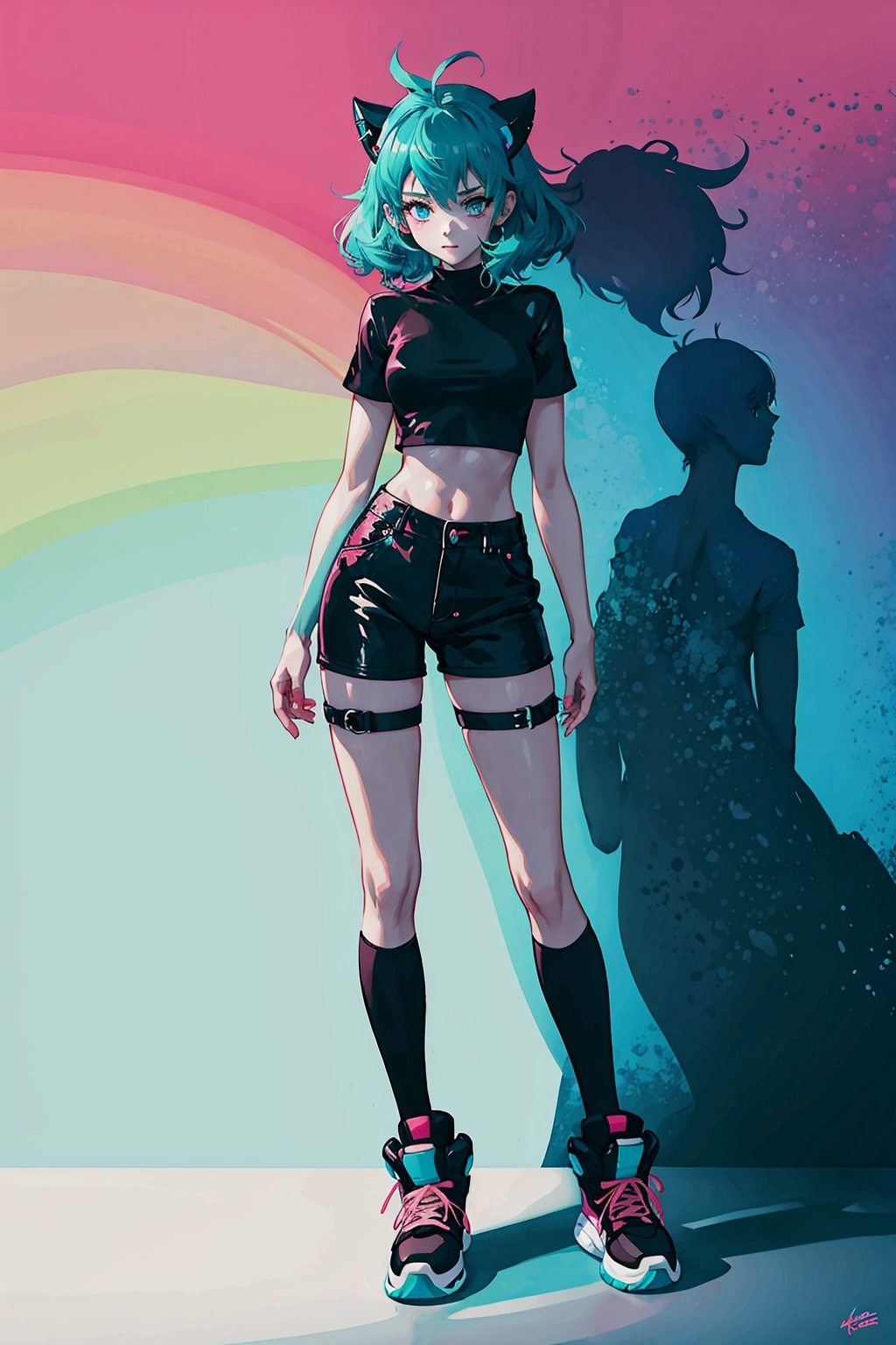  A girl,a female anime character is wearing futuristic and shoes, in the style of psychedelic neon, nintencore, skottie young, light pink and light black, kidcore, dark white and dark cyan, colorful chaos, sifang