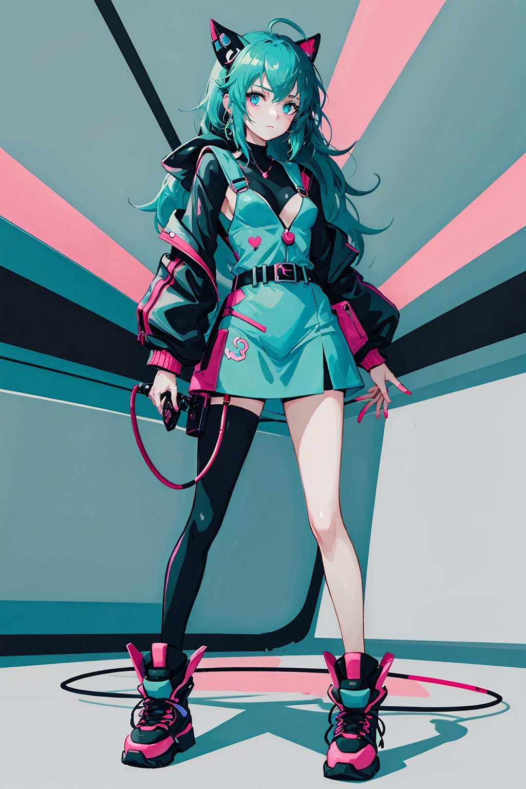  A girl,a female anime character is wearing futuristic and shoes, in the style of psychedelic neon, nintencore, skottie young, light pink and light black, kidcore, dark white and dark cyan, colorful chaos