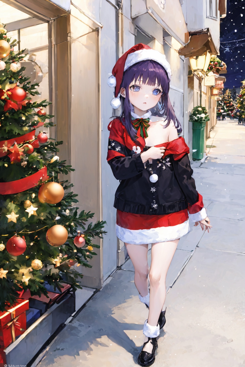 圣诞夜行-000006 ,  圣诞节那天晚上a girl with long black hair,  wearing a furry hat on Tensor.Art