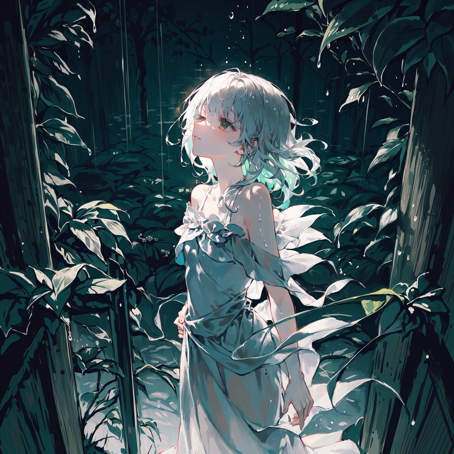 late at night,dark, light rain,dark, (((green, silver, glimmer)), limited palette, contrast, phenomenal aesthetic, best quality, sumptuous artwork, (masterpiece), (best quality), (ultra-detailed), (((illustration))), ((an extremely delicate and beautiful)), (detailed light), light rain,dark,(((camellia))), camellia, camellia,vines, forest, ruins, Blurred picture, lens flare, hdr, Tyndall effect,damp,wet, 1girl, bare shoulders, white hair, blinking, white dress, closed mouth, constel lation, flat color, braid, blinking, white robe, float, closed mouth, constel lation, flat color, looking up, standing, medium hair, standing, solo