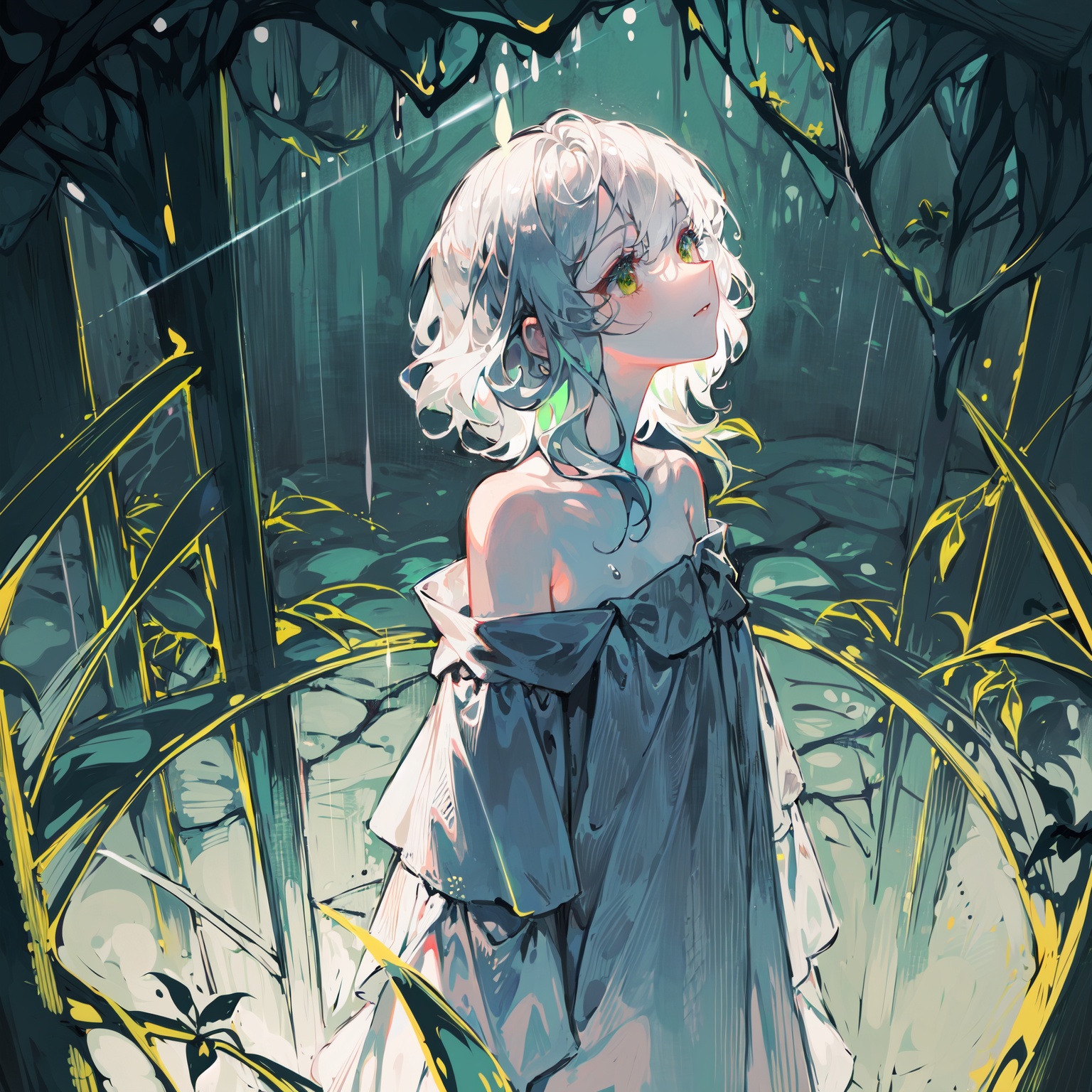 late at night,dark, light rain,dark, (((green, silver, glimmer)), limited palette, contrast, phenomenal aesthetic, best quality, sumptuous artwork, (masterpiece), (best quality), (ultra-detailed), (((illustration))), ((an extremely delicate and beautiful)), (detailed light), light rain,dark,(((camellia))), camellia, camellia,vines, forest, ruins, Blurred picture, lens flare, hdr, Tyndall effect,damp,wet, 1girl, bare shoulders, white hair, blinking, white dress, closed mouth, constel lation, flat color, braid, blinking, white robe, float, closed mouth, constel lation, flat color, looking up, standing, medium hair, standing, solo