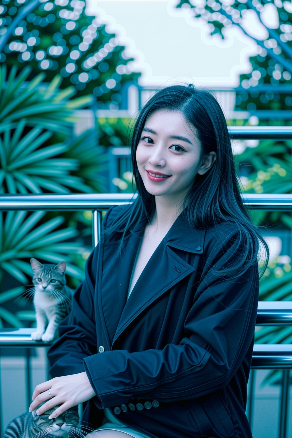  The image features a beautiful young Asian woman with long, dark hair sitting on a balcony with a cat in the background. The woman is looking into the camera with a smile on her face, her eyes sparkling with joy and contentment. Her hair is neatly styled and her makeup is natural yet enhance her features. She wears a black coat that complements her skin tone. The lighting in the image is natural and warm, casting a soft glow on the woman and the surrounding environment. The colors in the image are vibrant and rich, with the blue sky and green trees in the background providing a beautiful contrast to the woman and the cat. The style of the image is casual yet elegant, with the woman's outfit and the setting creating a relaxed and comfortable atmosphere. The quality of the image is excellent, with sharp details and smooth transitions between colors and tones. The woman's action in the image is sitting and smiling, with her hands resting on the railing. Her posture and facial expression convey a sense of happiness and contentment, as if she is enjoying a peaceful and pleasant moment. The woman's expression and the overall atmosphere of the image suggest a sense of relaxation and enjoyment. She seems to be in a good mood, perhaps enjoying a leisurely day or spending time with her cat. The image captures a moment of tranquility and happiness, making it a beautiful and memorable scene.,,<lora:660447313082219790:1.0>
