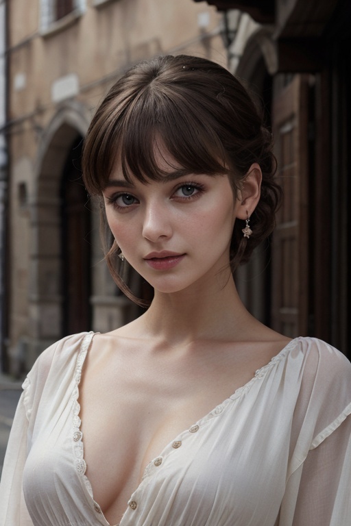 (masterpiece),  best quality,  high resolution,  highly detailed,  detailed background,  perfect lighting,  1girl,  bangs,  ruby eyes,  medium breasts,  blouse,  medieval village,  