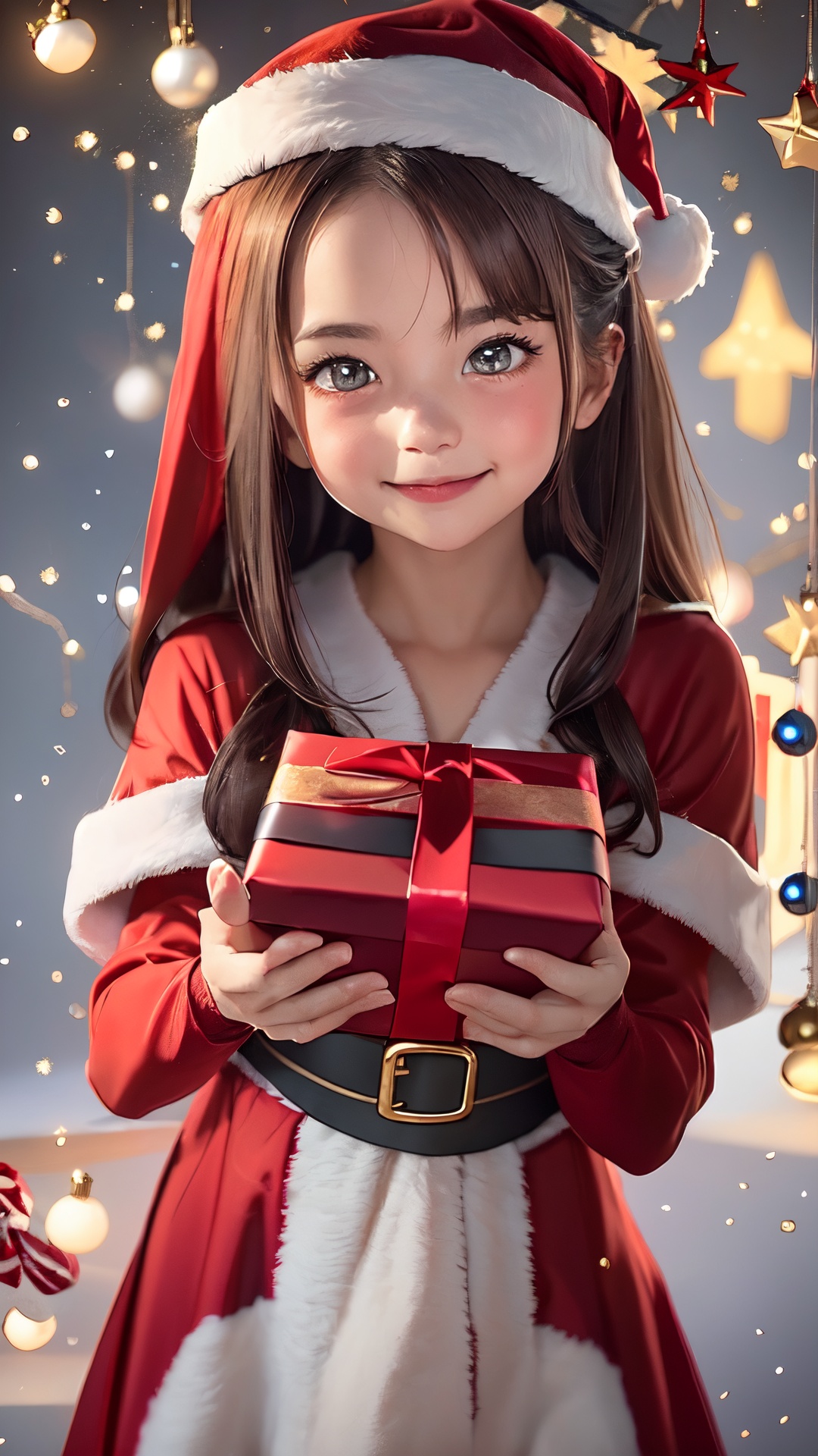 Embrace the festive spirit with this heartwarming prompt: "Illustrate a charming scene of a cute little girl adorned in a...