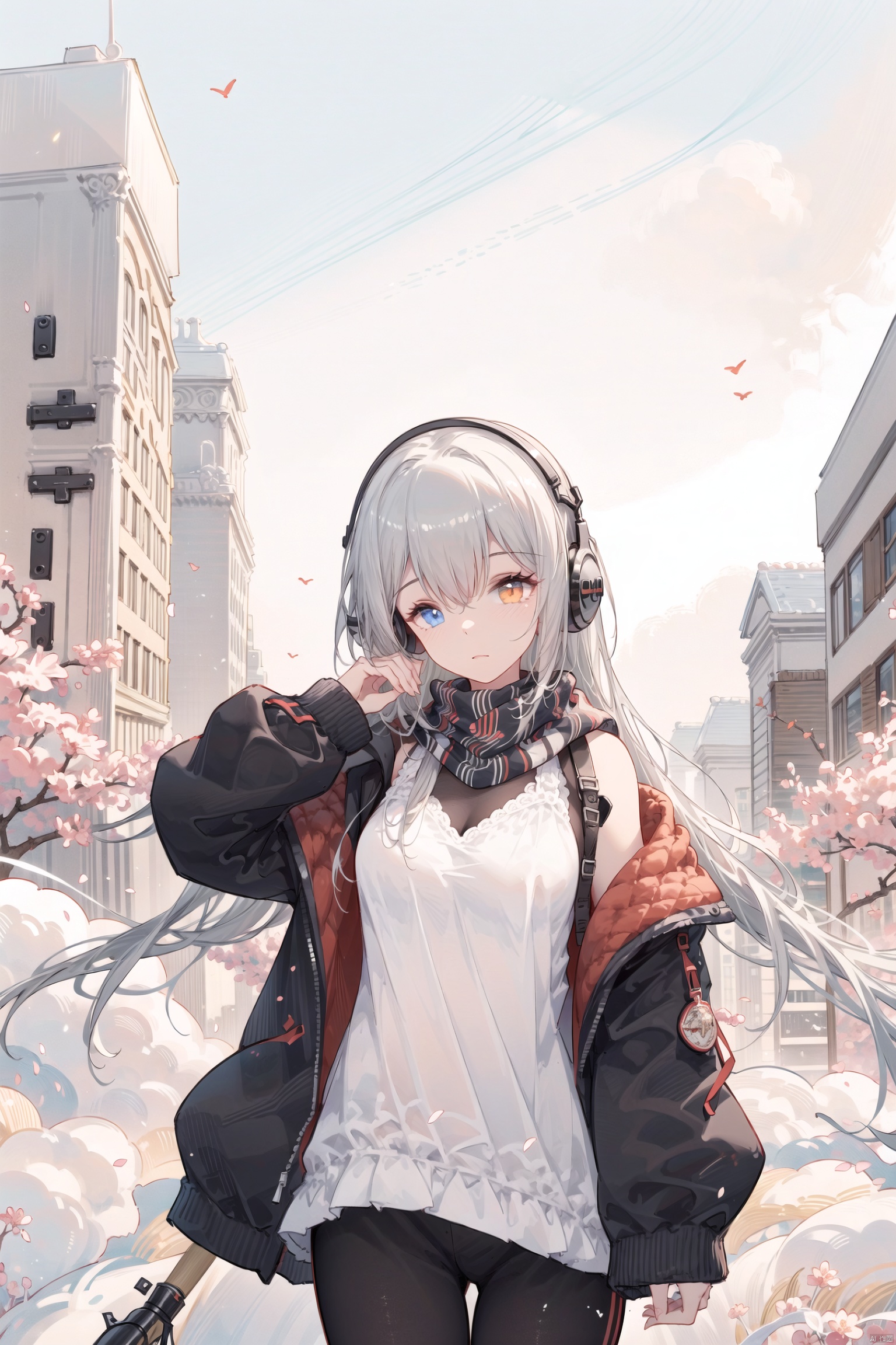 1girl, black_jacket, cityscape, grey_eyes, grey_hair, hair_ornament, headgear, headphones, heterochromia, jacket, long_sleeves, red_eyes, red_scarf, scarf, solo,