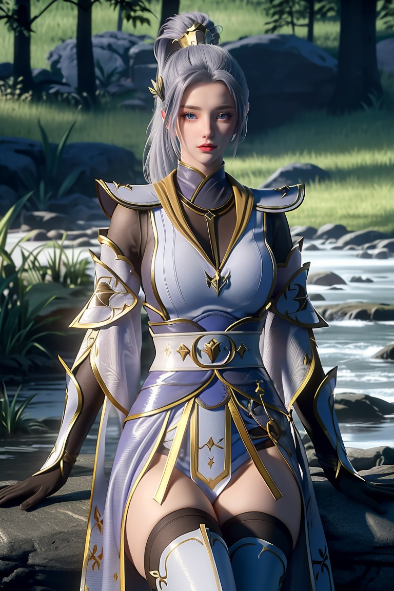 ((HRD, HUD, 8K)),((masterpiece, best quality)), highly detailed, (perfect anatomy:1.2),1girl, solo, ponytail, long hair, grey hair, hair ornament, blue eyes, makeup, red lips,armor, gloves, breasts, thighhighs, boots,pond, water, sitting on river, (cowboy shot), looking at viewer,<lora:斗破苍穹韩月_v1.0-shishu:0.8>