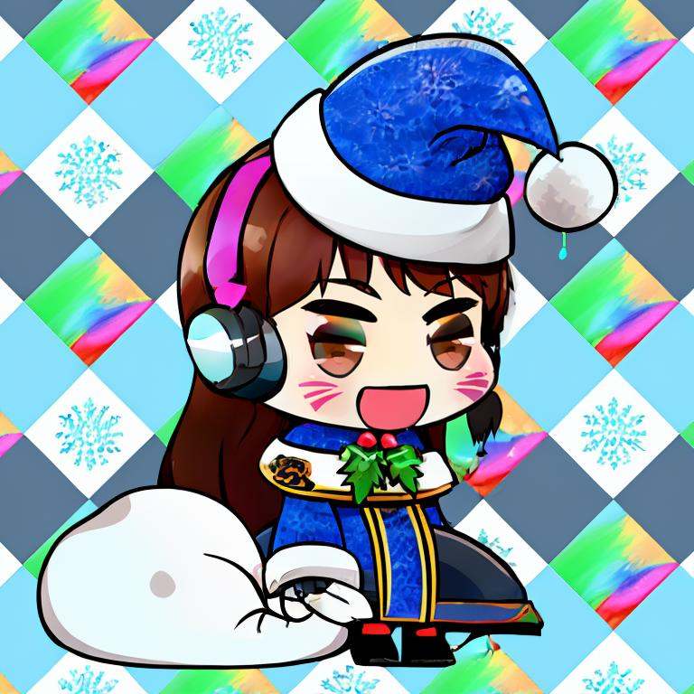 <lora:Padoru_Meme:1>, Padoru_Meme, open mouth, masterpiece, best quality, highres, aahana, long hair, brown hair, headphones, whisker markings, shoulder pads, blue bodysuit, ribbed bodysuit, animal print, clothes writing, long sleeves, white gloves, <lora:d.va_v1:0.5>, cowboy shot, standing, smile, open mouth, 