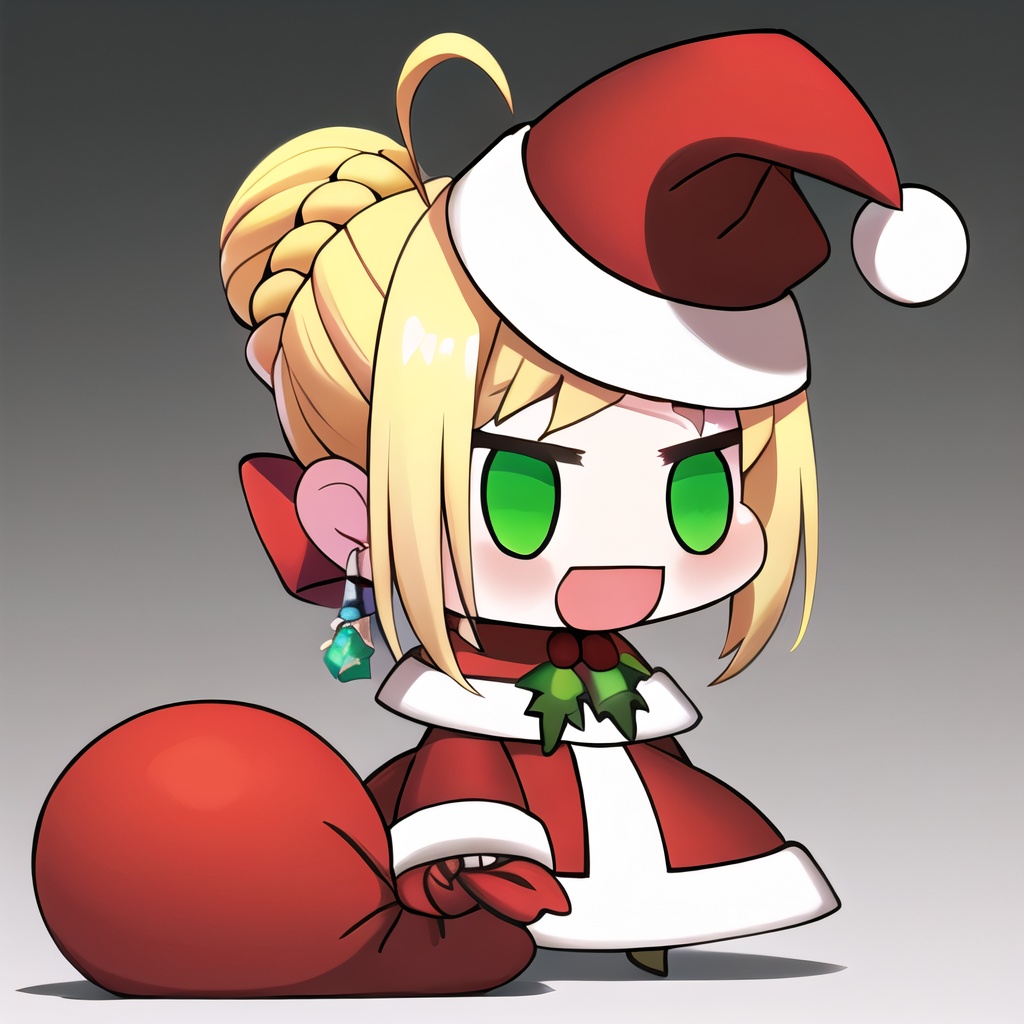 ,  Padoru_Meme, 1girl, blush, smile, open mouth, blonde hair, long sleeves, dress, holding, green eyes, braid, ahoge, :d, hair bun, red dress, single hair bun, red headwear, meme, holding sack,Padoru_Meme