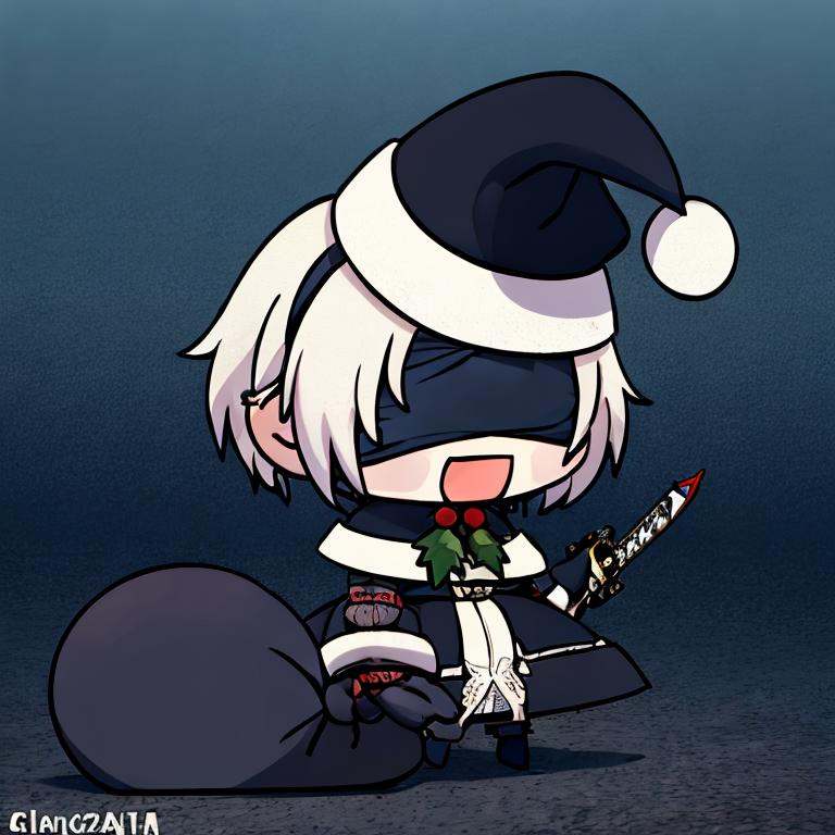 <lora:Padoru_Meme:1>, Padoru_Meme, open mouth, ((masterpiece,best quality)), absurdres, hm2b, black blindfold, covered eyes, mole under mouth, clothing cutout, long sleeves, puffy sleeves,  juliet sleeves, feather trim, black thighhighs, black gloves, black dress, black skirt, thigh boots, <lora:y2b_v2-1:0.5>, holding weapon, katana, night, cyberpunk,