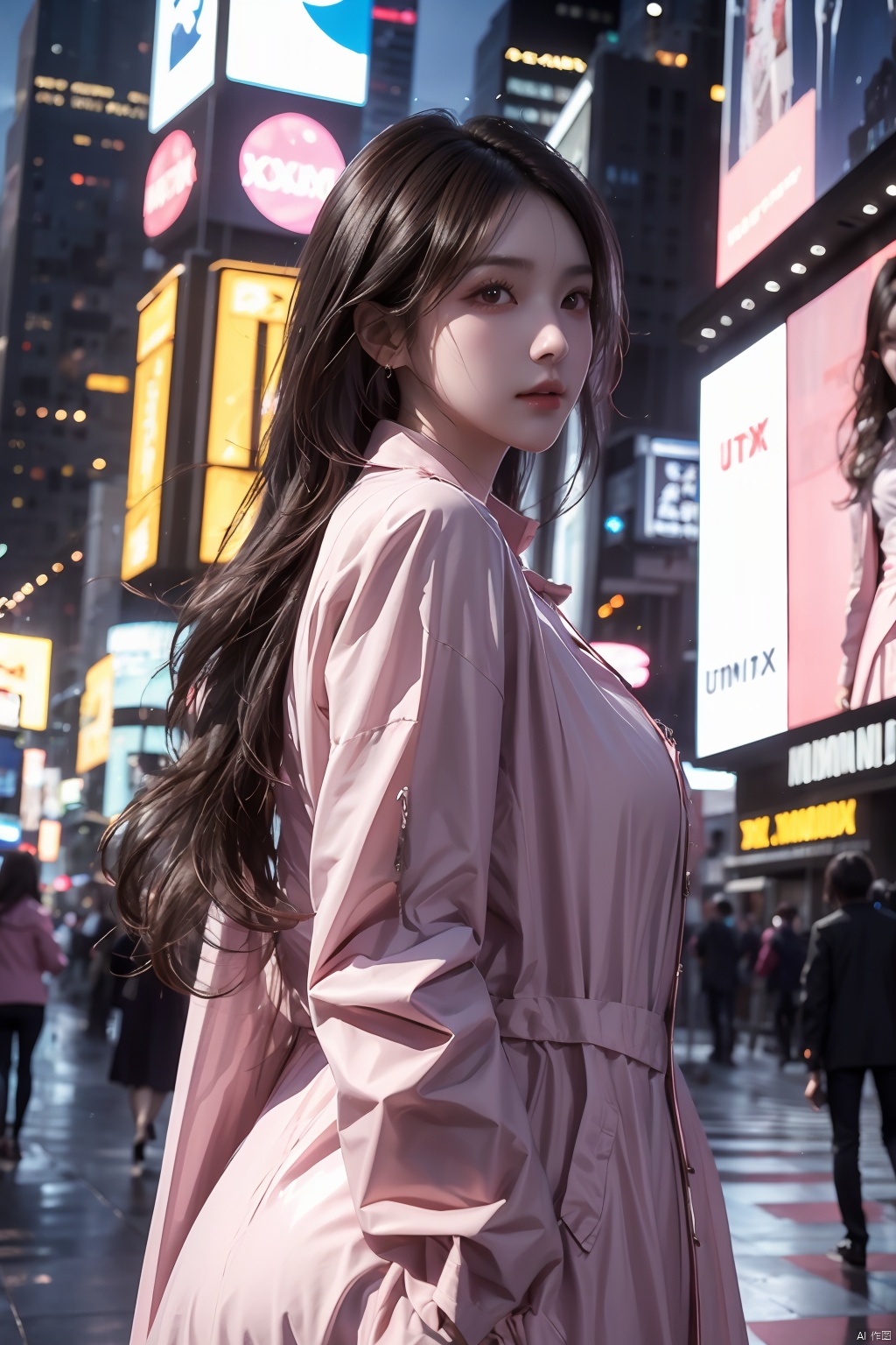 Ultra-high resolution,  cinematic lighting, Woman wearing pink raincoat in Times Square, xxmix_girl, more detail XL,  white long hair,  yunxi,<lora:EMS-266732-EMS:0.300000>,<lora:EMS-80191-EMS:0.300000>,<lora:EMS-164836-EMS:0.800000>