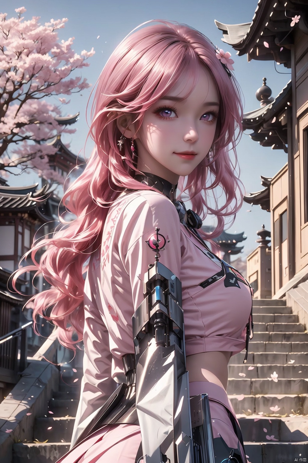 masterpiece,  best quality,  1girl,  pink eyes,  Beautiful face,  delicate eyes,  smile,  long hair,  pink hair,  tree,  stairs,  standing,  sky,  cherry blossoms,  temple,  looking at viewer,  upper body,  from below,  looking back,  ((Mecha)),  young girl,  Cyberpunk,  CyberMechaGirl,  backlight,<lora:EMS-86540-EMS:0.600000>,<lora:EMS-164836-EMS:0.800000>,<lora:EMS-80191-EMS:0.600000>