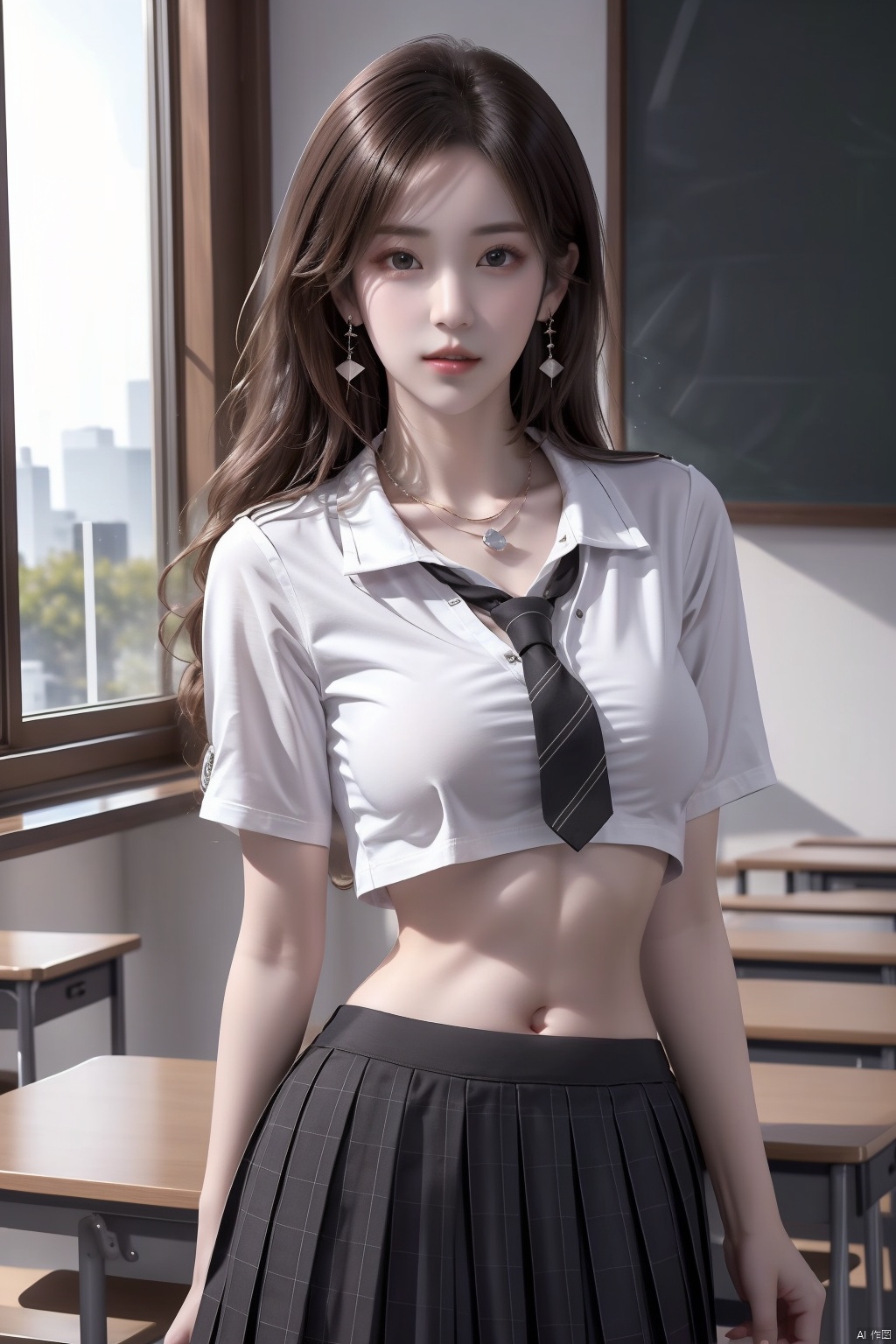 1girl,  solo,  navel,  breasts,  classroom,  indoors,  school uniform,  skirt,  earrings,  window,  jewelry,  desk,  brown hair,  large breasts,  long hair,  looking at viewer,  serafuku,  underboob,  crop top,  realistic,  school desk,  parted lips,  pleated skirt,  brown eyes,  midriff,  sailor collar,  short sleeves,  lips,  stomach,  shirt,  yunyouyou,  necktie,  xuxin,<lora:EMS-86839-EMS:0.600000>,<lora:EMS-80191-EMS:0.300000>,<lora:EMS-164836-EMS:0.800000>