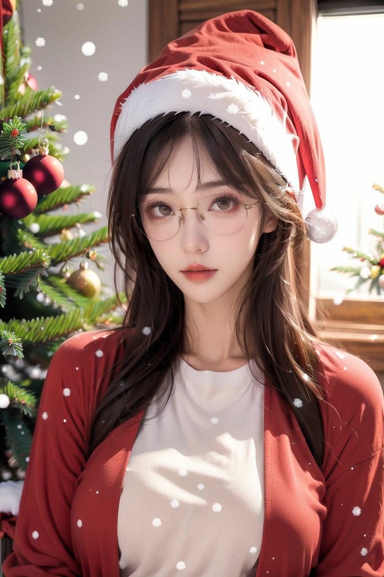  1 girl,Upper body,Christmas,Mid-range lens, Look at the viewer, eyeglasses,indoor, christmas tree, It snows,standing,Panoramic lens,Christmas costume
