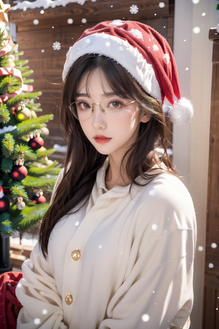  1 girl,Upper body,Christmas,Mid-range lens, Look at the viewer, eyeglasses,indoor, christmas tree, It snows,standing,Panoramic lens,Christmas costume