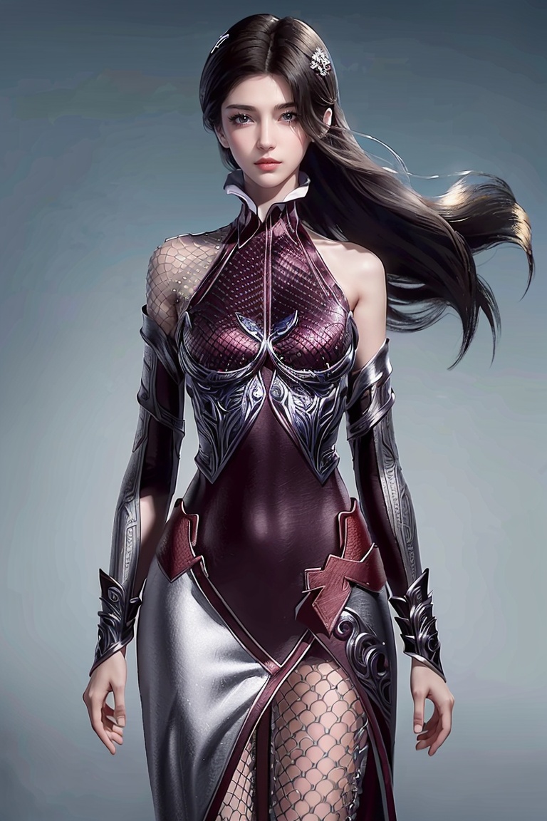 ((HRD, HUD, 8K)),((masterpiece, best quality)), highly detailed, (perfect anatomy:1.2),1girl, solo, long hair, black hair, brown hair, lips, brown eyes, breasts, medium breasts, hair over one eye,armor, dress, bodysuit, fishnets, shoes,grey background, simple background, (cowboy shot:1.1), standing, looking at viewer,<lora:JingNi_v2.0-shishu:0.85>