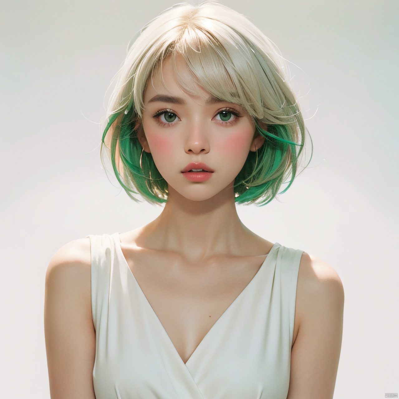  blunt bangs, masterpiece, best quality, best illustration, ultra-detailed, upper body, solo, 1 girl, looking at viewer, upright, arms at sides, beautiful detailed eyes, concept art, white background, simple background, white hair, green gradient hair, expressionless, blush, virtual youtuber, short hair,blonde hair,
