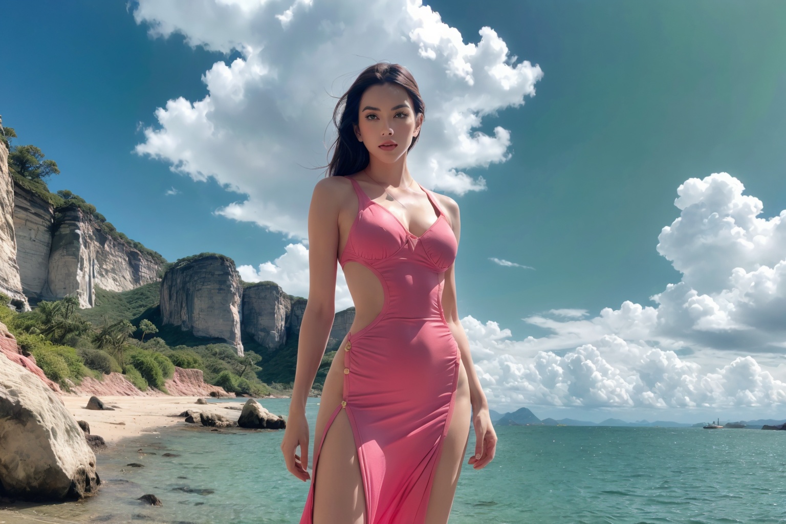 ((Full-Body Shot)),  long shot scenic professional photograph in corporate style. 1female hot model,  wearing ((green-pink...