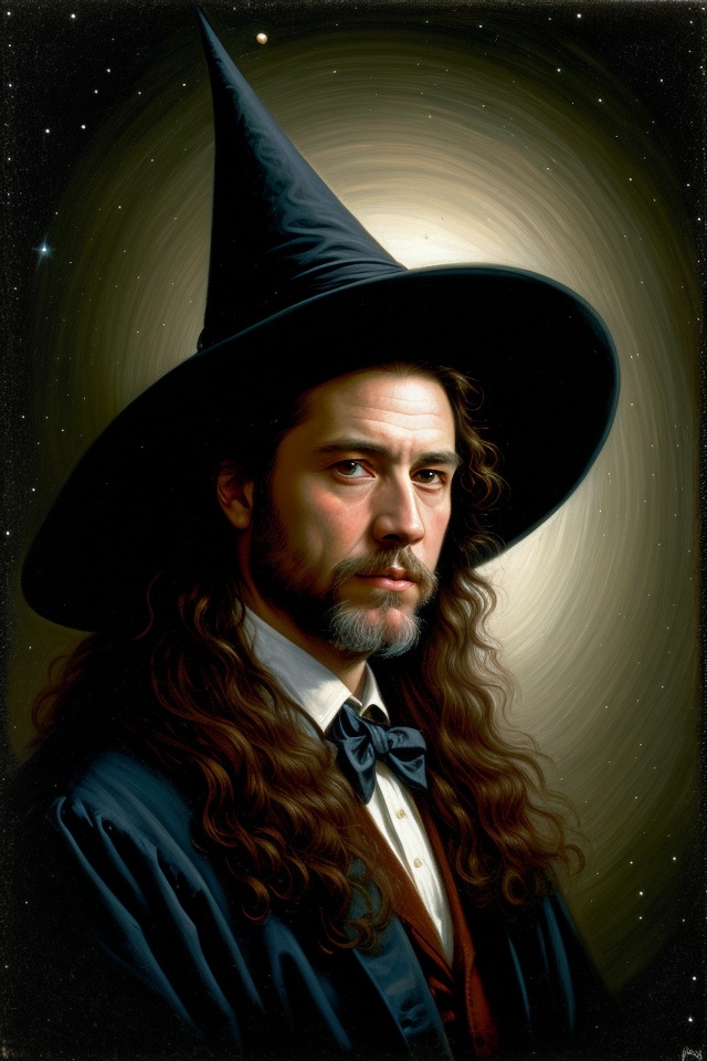 Art by Gerald Brom,  good wizard with kind face and pointed hat,  astronomer on Tensor.Art