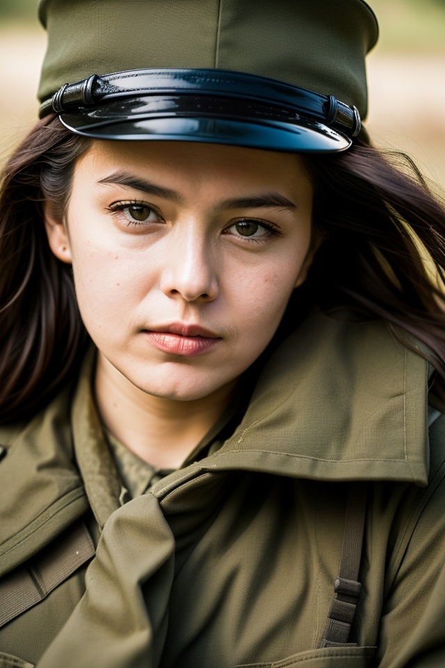 analog style portrait+ style close up Battle wary war girl,  wearing soldiers uniform,  taking a break from the fighting b...