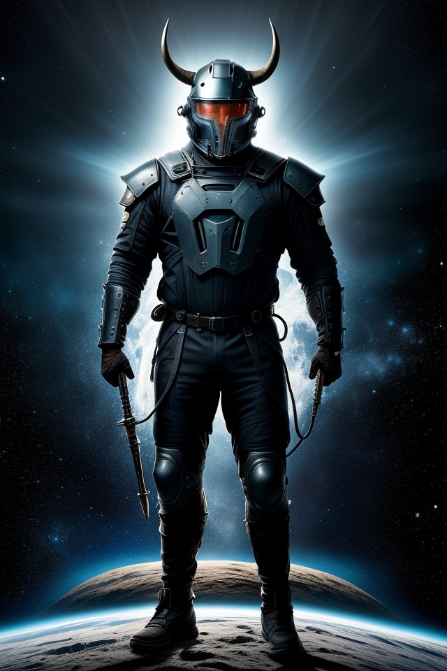 Ragnar Voidstrider is a formidable barbaric ((space Viking)),  towering with a muscular build. He wears a rugged yet ((fut...