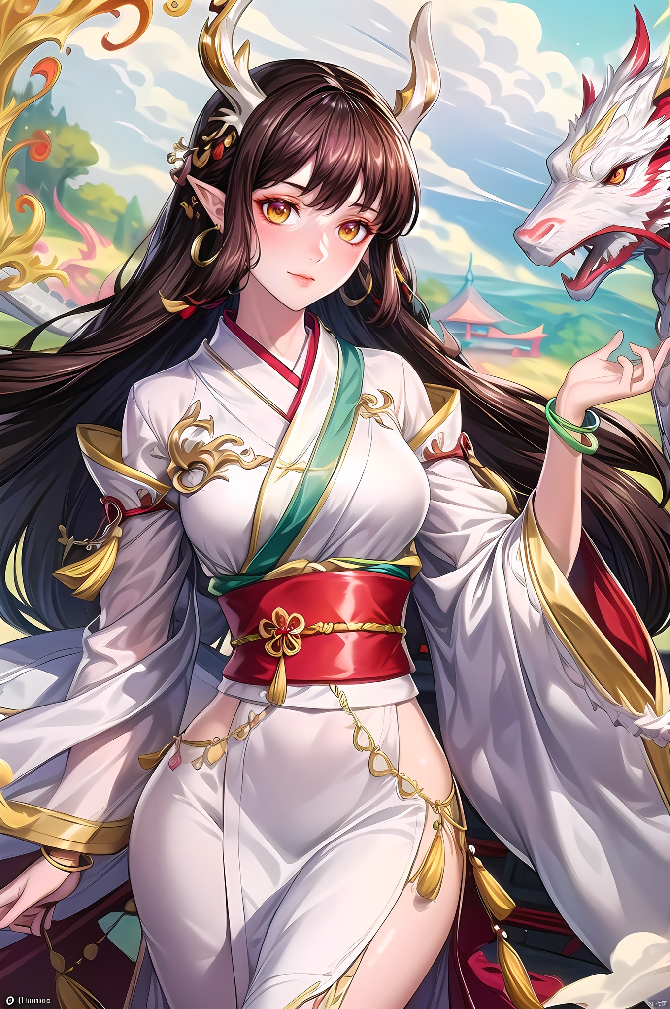 yuanshen, 1girl, jewelry, long hair, anklet, dragon, brown hair, yellow eyes, solo, pointy ears, upper_body, multicolored hair, sash, japanese clothes, kimono, white background, dragon tail, wide sleeves, bracelet, dragon horns, earrings, eastern dragon, dragon girl,nice hands, perfect balance, looking at viewer, closed mouth, (Light_Smile:0.3), official art, extremely detailed CG unity 8k wallpaper, perfect lighting, Colorful, Bright_Front_face_Lighting, White skin, (masterpiece:1), (best_quality:1), ultra high res, 4K, ultra-detailed, photography, 8K, HDR, highres, absurdres:1.2, Kodak portra 400, film grain, blurry background, bokeh:1.2, lens flare, (vibrant_color:1.2), professional photograph, (narrow_waist), dark studio, 