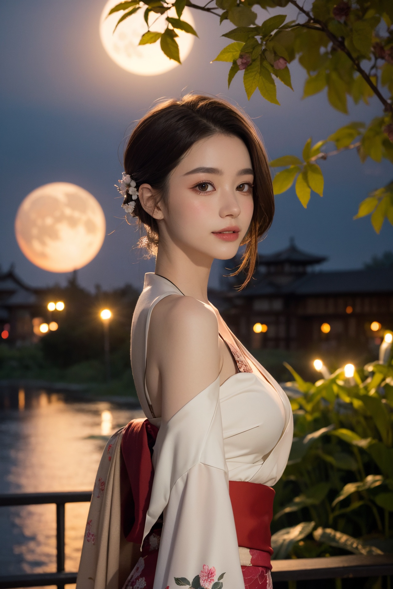 1 girl. smile. kimono,  petals. flower garden. Hanging Helicona. four seasons. bokeh. nice body,  beautiful skin. oily ski...