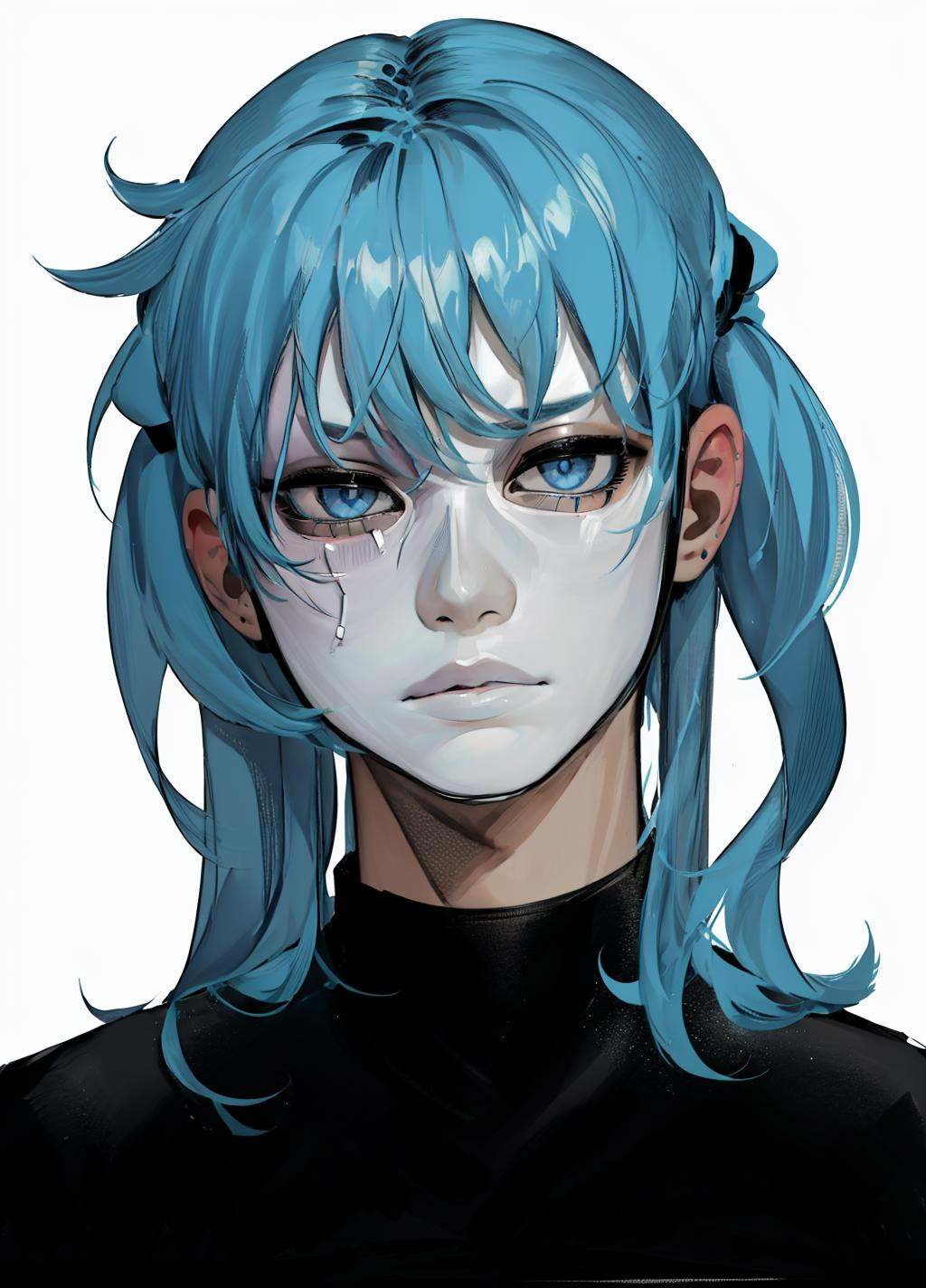 ((sally)), 1boy, male focus, mask, long hair, shirt, upper body, sweater, black shirt, black sweater, looking at viewer, simple background, white background, portrait, solo, <lora:sally_face-09:1>