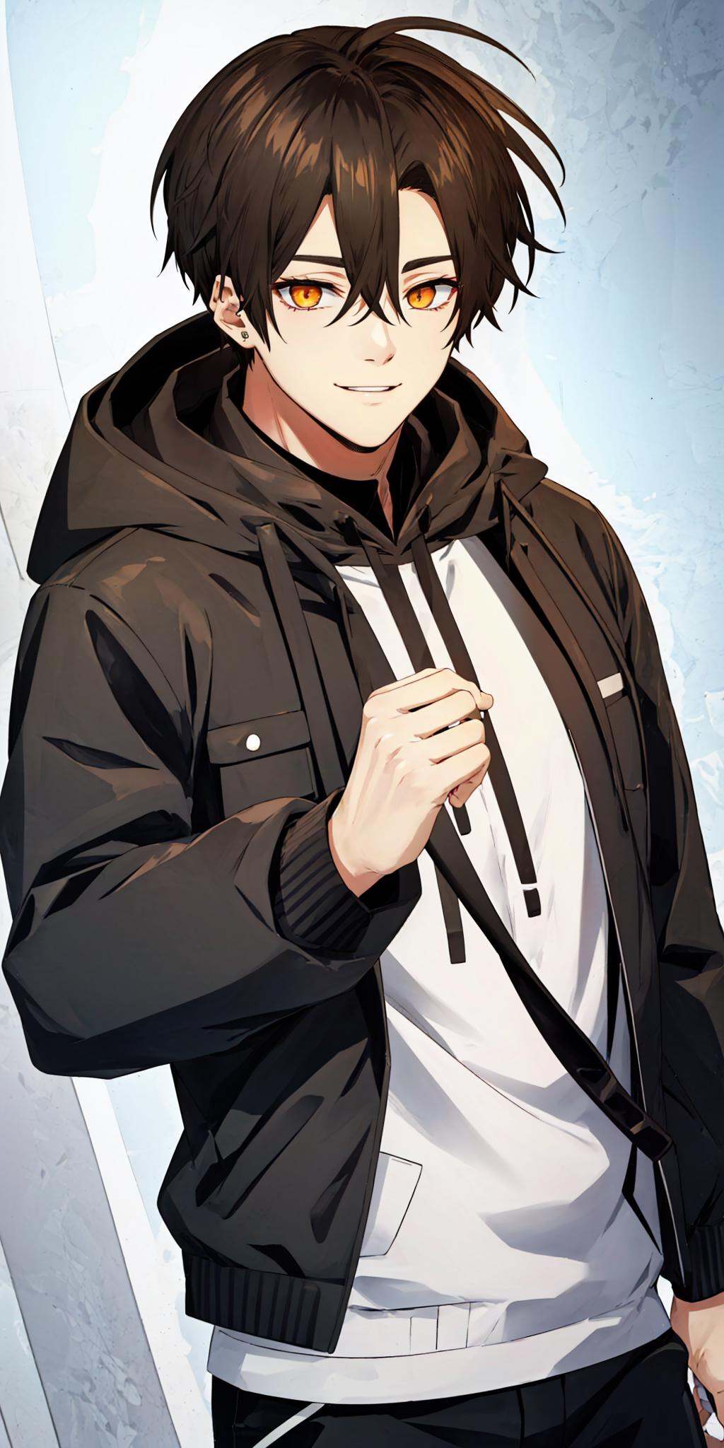 Min_Jaehyun, smile, closed mouth, jacket, upper body, open clothes, hood, black jacket, hood down, hooded jacket, solo, <lora:Min_Jaehyun-06:1>