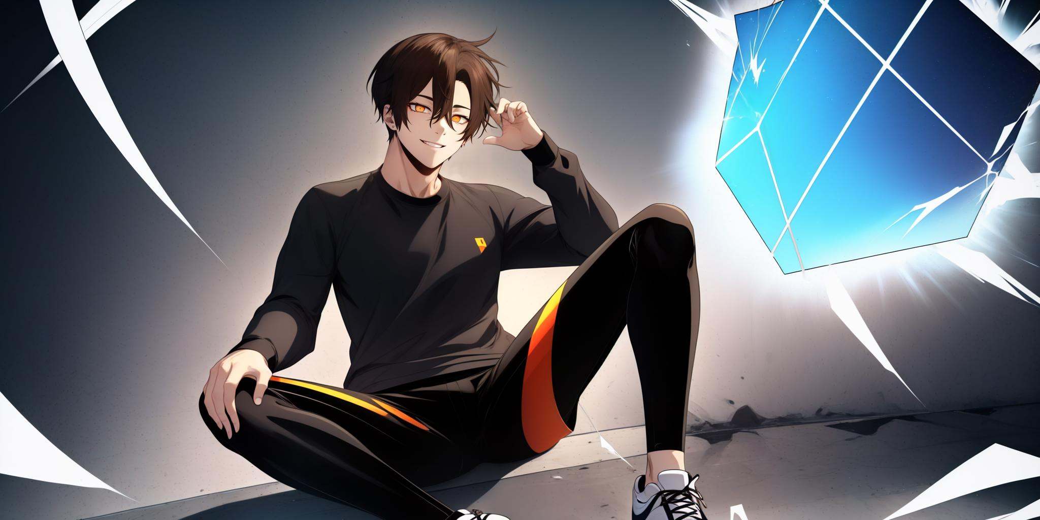 Min_Jaehyun, looking at viewer, smile, shirt, long sleeves, sitting, full body, yellow eyes, sky, shoes, shorts, pants, black footwear, black shirt, glowing, black pants, sneakers, cube, solo, <lora:Min_Jaehyun-06:1>