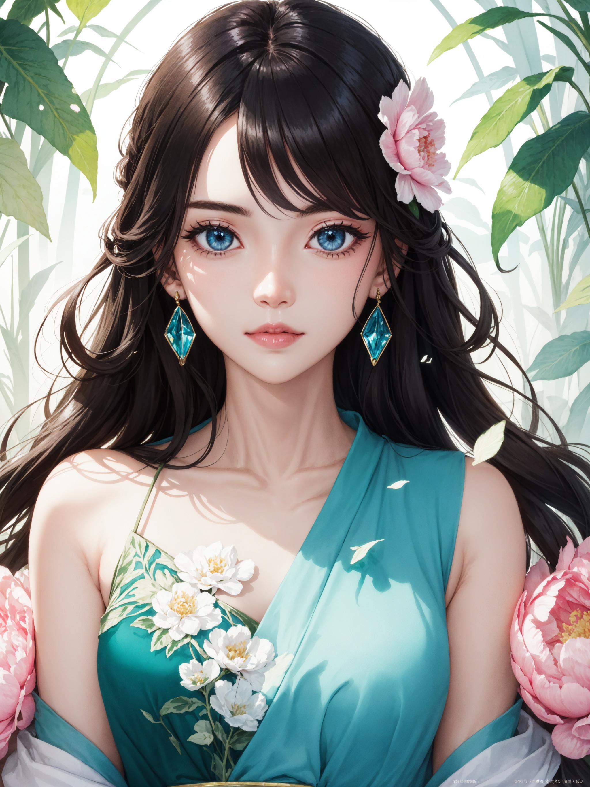 Light green peony flowers,  exquisite composition,  clear focus,  delicate light and shadow,  Studio Ghibli style green flame,  ancient clothing,  Tang Dynasty clothing,  red peony flowers,  highest picture quality,  masterpiece,  exquisite CG,  crystal,  peony flower personification,  exquisite and beautiful face,  cold expression,  noble and elegant,  beautiful eyes,  watercolor,  splashing ink,  blue crystal eyes,  long hair,  ancient coiled hair,  black hair,  exquisite and complex peony hair accessories,  Broken glass,  crystal minerals,  colorful peonies,  colorful petals,  highlights,  withering and falling petals,  the picture is rich and beautiful,  charming,  perfect,  dreamy decoration,  deep in the jungle,  ultra clear,  high-definition,  8k,  peony girl,  solo,  detailed lightning,  detailed lightning,  splashing ink,  crystal clear. Using 2.2D illustration