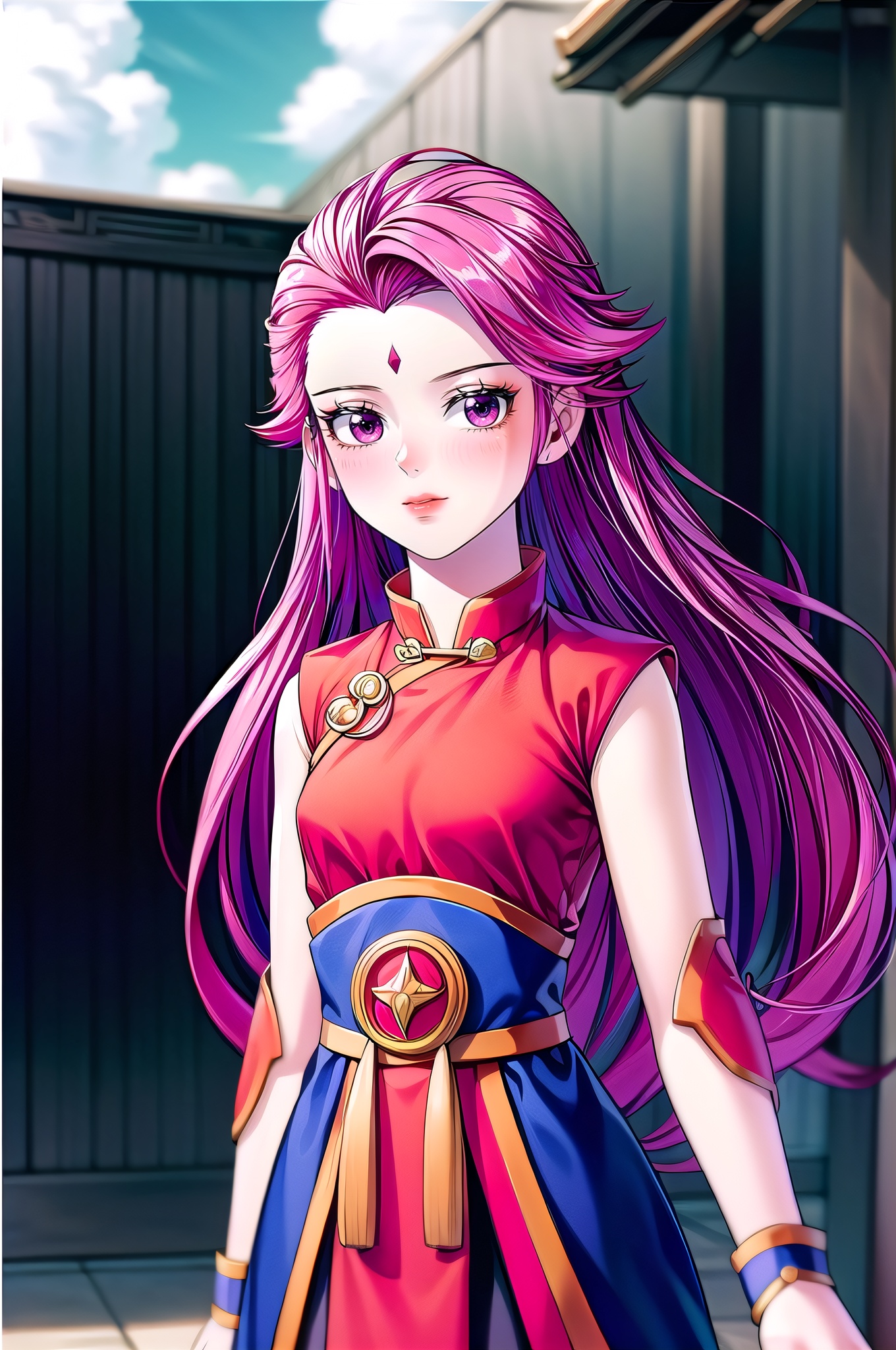 yuanshen, 1girl, solo, long hair, pink hair, forehead mark, chibi, sky, looking at viewer, cloud, day, facial mark, purple eyes, dress, blue sky, serious, jewelry,cowboy_shot, nice hands, perfect balance, looking at viewer, closed mouth, (Light_Smile:0.3), official art, extremely detailed CG unity 8k wallpaper, perfect lighting, Colorful, Bright_Front_face_Lighting, White skin, (masterpiece:1), (best_quality:1), ultra high res, 4K, ultra-detailed, photography, 8K, HDR, highres, absurdres:1.2, Kodak portra 400, film grain, blurry background, bokeh:1.2, lens flare, (vibrant_color:1.2), professional photograph, (narrow_waist),