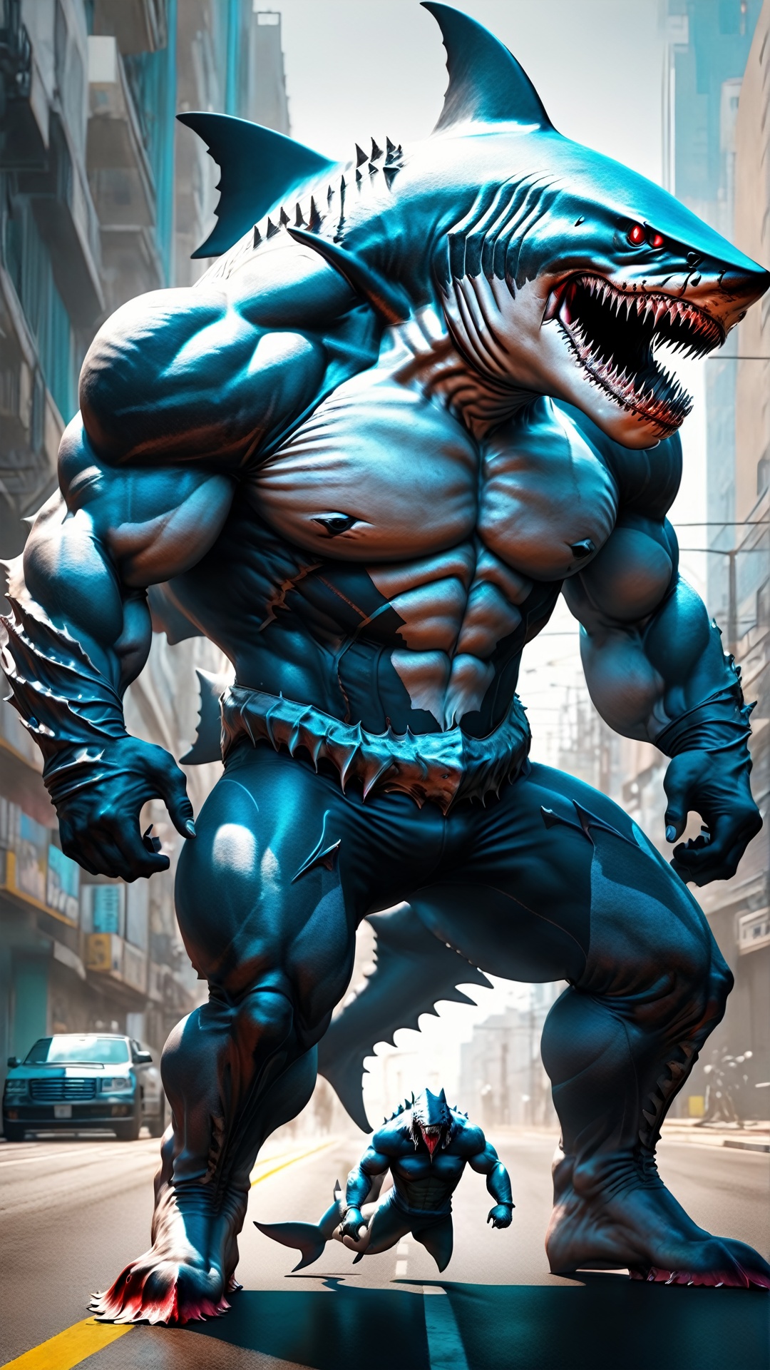 (View from the end of the horizon) (Intricate muscle details) Monster shark man, muscular, sitting on the street