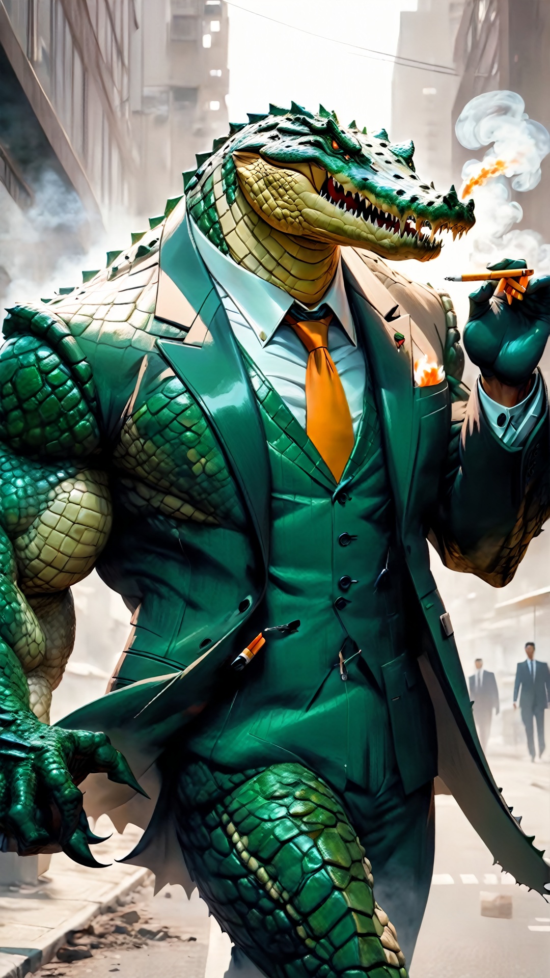 Monster crocodile man, muscular, wearing suit, smoking a big cigarette, on the street