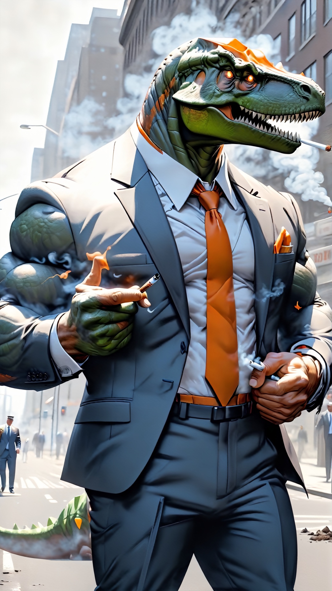 Dinosaur man, muscular, wearing suit, smoking a big cigarette, on the street