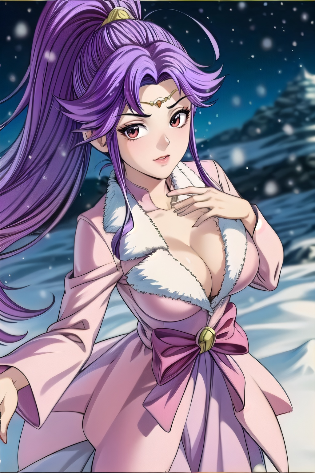 yuanshen, 1girl, solo, purple hair, ponytail, long hair, cowboy_shot, bow, red eyes, snowing, sidelocks, ahoge, brown eyes, snow,nice hands,  Beautiful long legs,  Beautiful body,  Beautiful Nose,  Beautiful character design,  perfect eyes,  perfect face,  expressive eyes,  perfect balance,  looking at viewer,  closed mouth,  (innocent_big_eyes:1),  (Light_Smile:0.3),  official art,  extremely detailed CG unity 8k wallpaper,  perfect lighting,  Colorful,  Bright_Front_face_Lighting,  White skin,  (masterpiece:1),  (best_quality:1),  ultra high res,  4K,  ultra-detailed,  photography,  8K,  HDR,  highres,  absurdres:1.2,  Kodak portra 400,  film grain,  blurry background,  bokeh:1.2,  lens flare,  (vibrant_color:1.2),  professional photograph,  (Beautiful,  large breasts:1.6),  (beautiful_face:1.5),  (narrow_waist), 