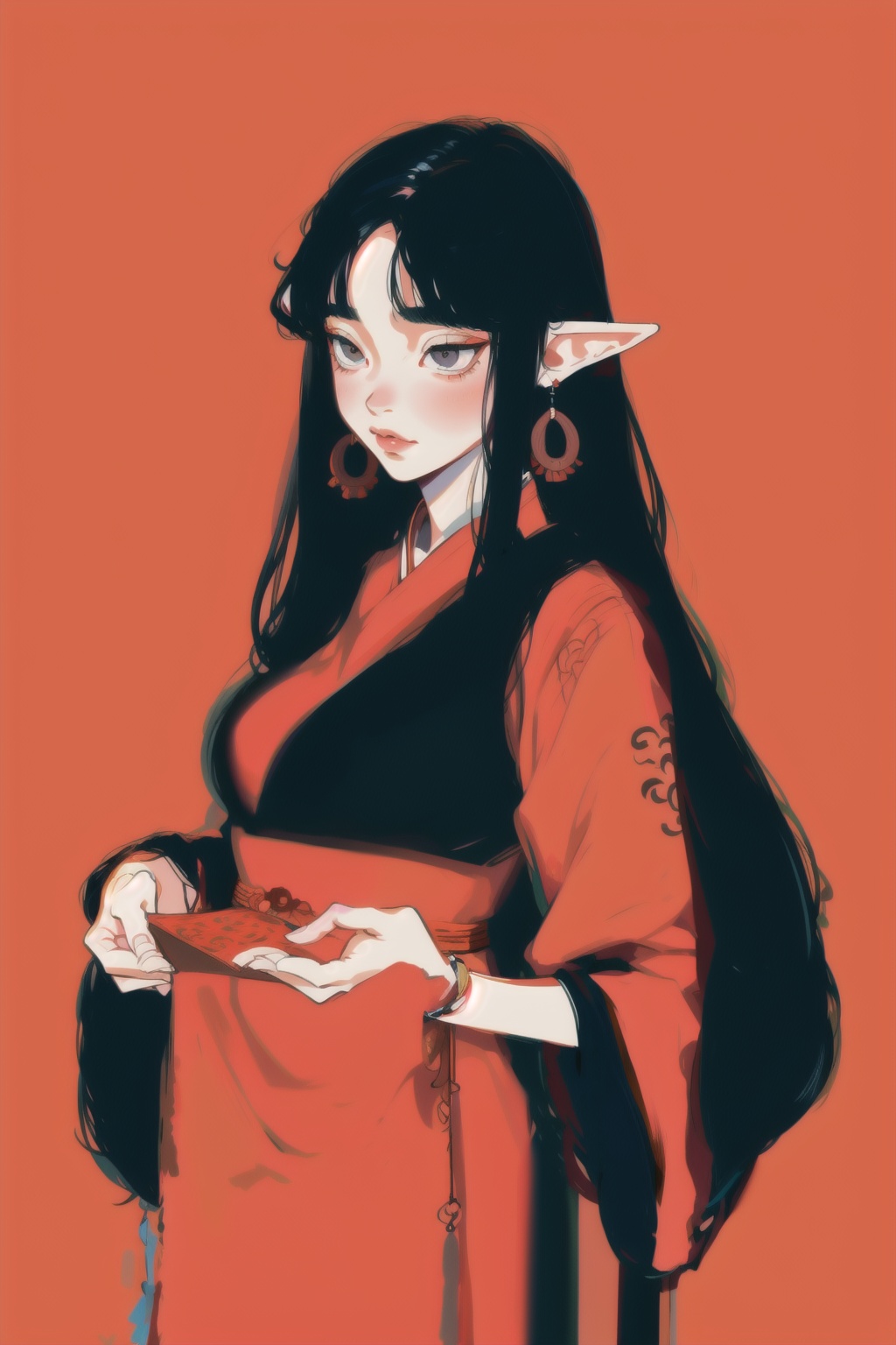 Elf with long black hair,  black eyes,  wearing a red chinese dress on Tensor.Art