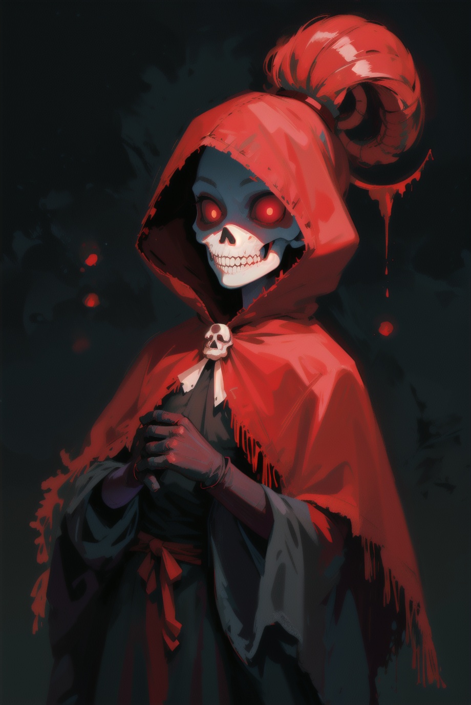 skull,  20 yo woman,  red clothes on Tensor.Art