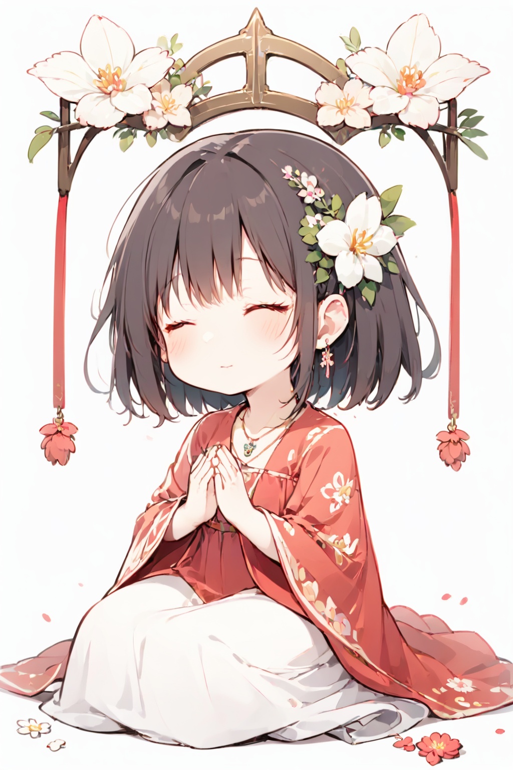  loli, white background,,cf,1girl,jewelry,closed eyes,solo,flower,earrings,sitting,necklace,own hands together,flower,praying,skin,dress,facing viewer,小心思