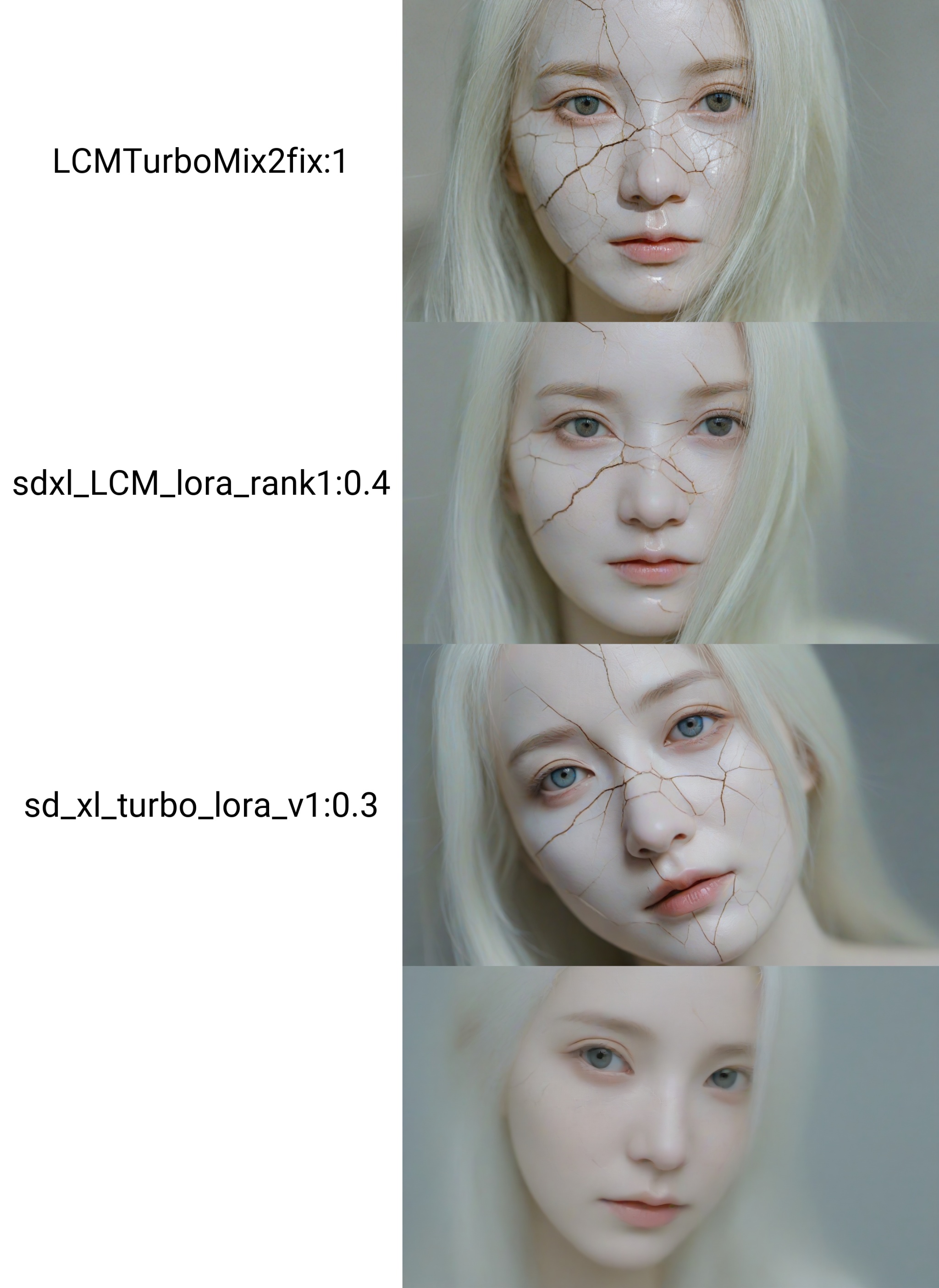 <lora:LCMTurboMix2fix:1>,portrait of a doll with porcelain kintsugi skin,cracked skin,shattered porcelain skin,deep fine cracks,kintsugi,soft focus,half body editorial shot,detph of field,uncanny,long white hair,stunning perfect shining eyes,pale skin,shy smile,intricitaly hyperdetailed,amazing depth,expansive details,cracked surface,iridescent surface,Anna Dittmann,Dominic Qwek,complex masterwork by head of prompt engineering,