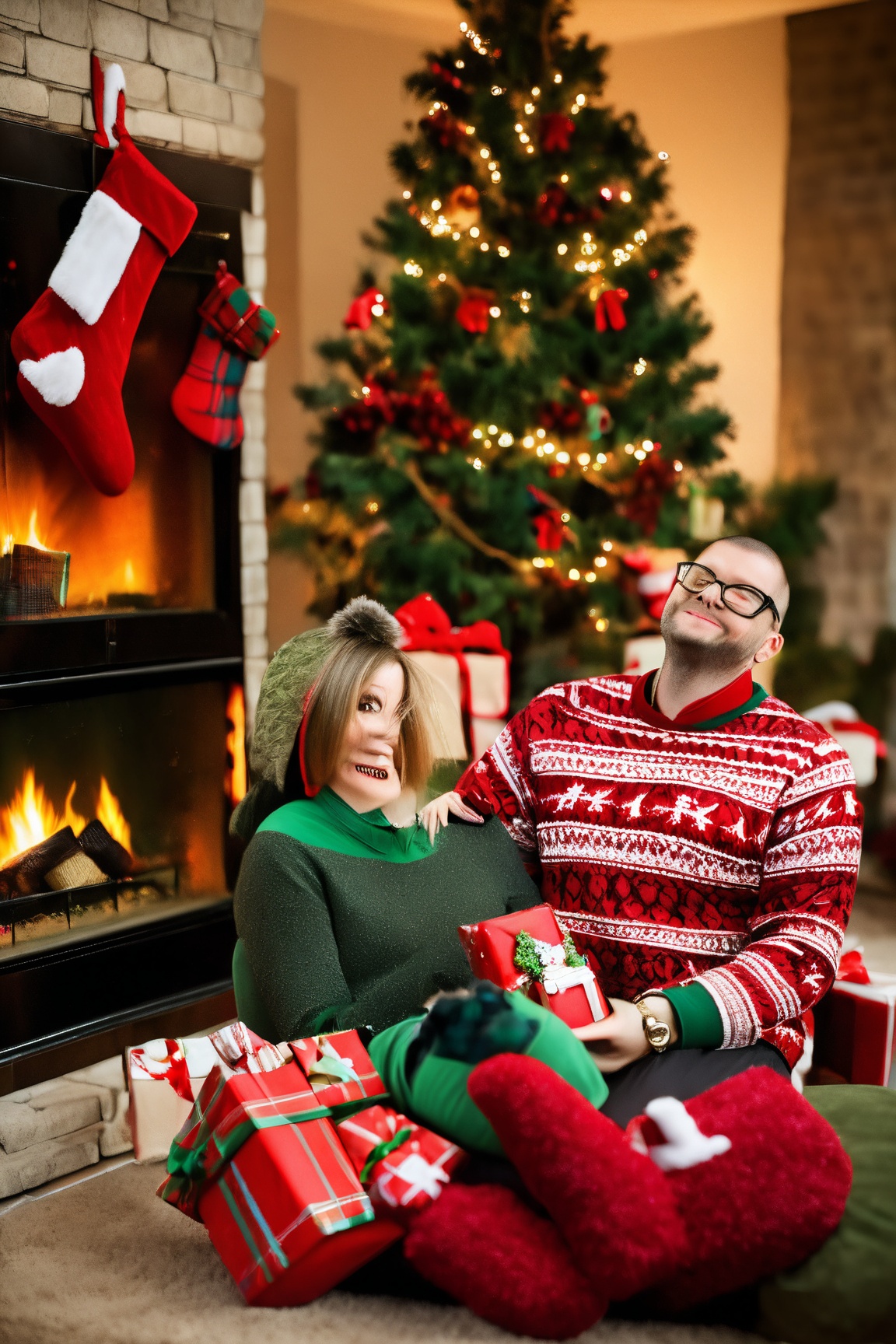 Gir,  Christmas tree,  Christmas Stockings hanging and Gifts on Tensor.Art